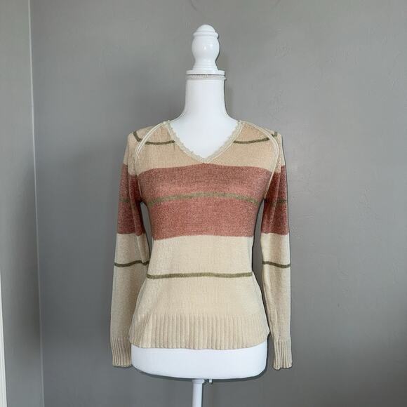 Vintage Hewlett Woman’s V-neck Sweater Sz S Silk Acrylic Blend Pink Beige Stripe - Picture 1 of 5
